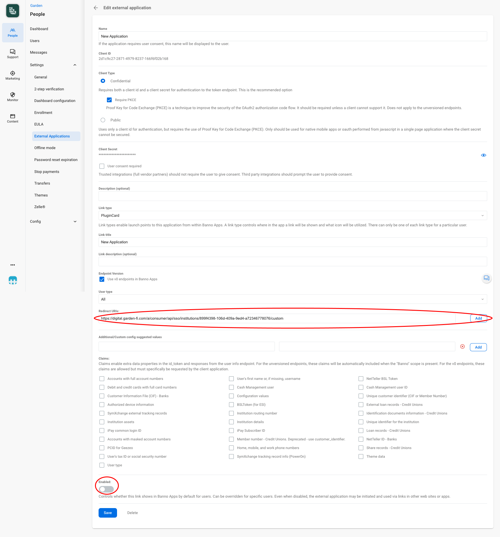 Screenshot of the Banno People application showing the External Application configuration options with the Redirect URIs input fields and the Enable toggle areas circled in red to hightlight where they are on the page.