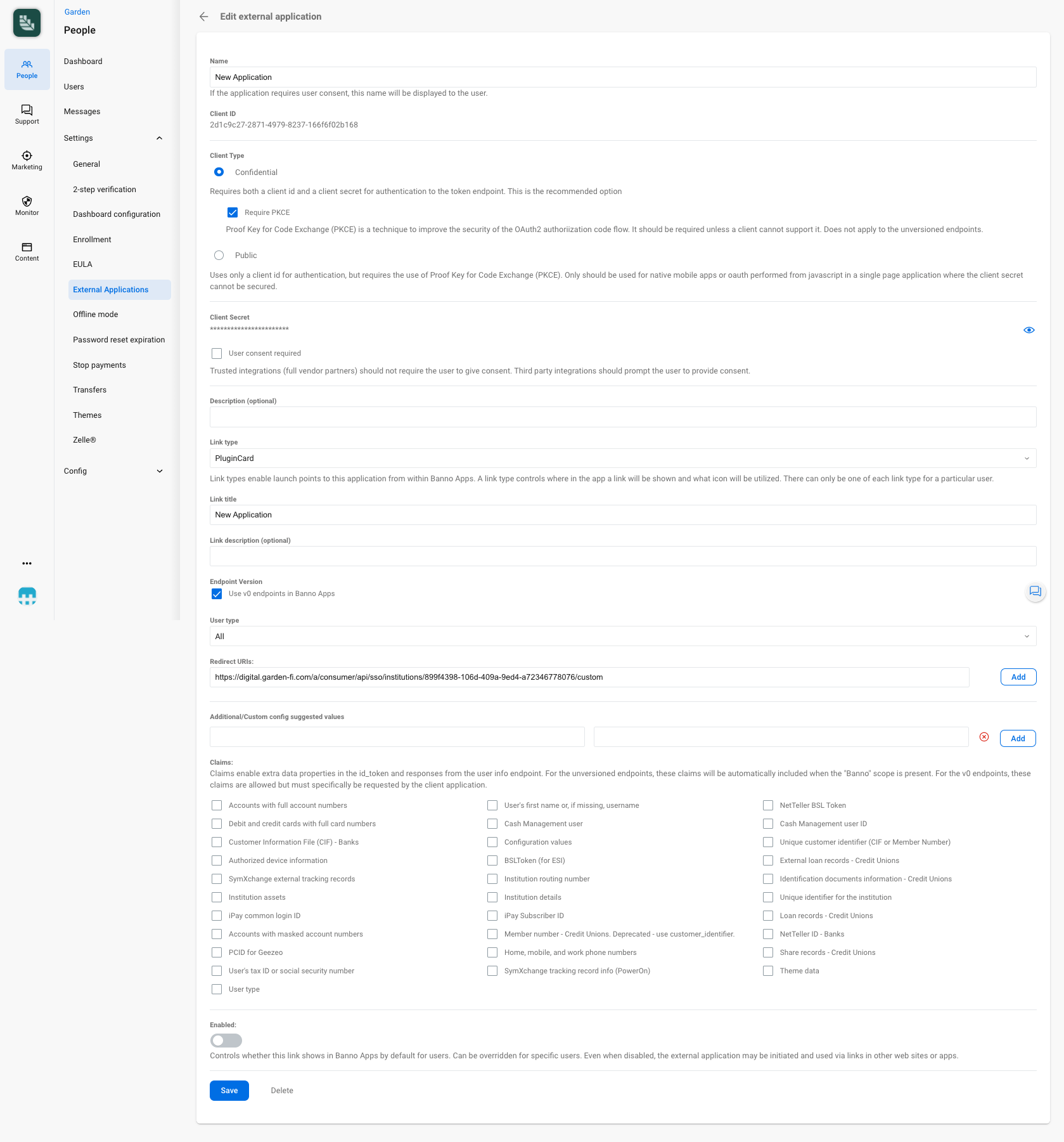 Screenshot of the Banno People application showing the configuration options for an External Application.