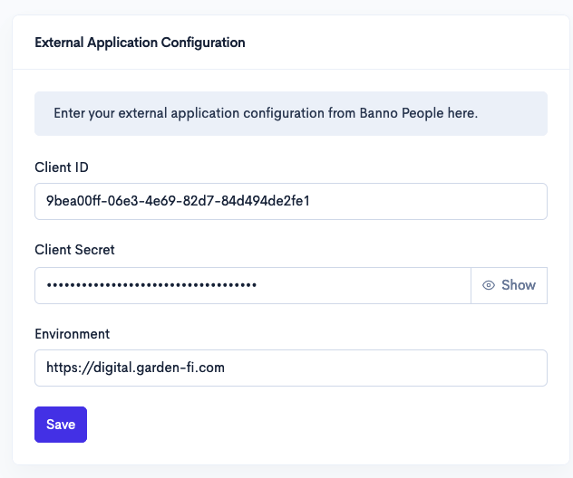 Screenshot of the Atomic Console showing the External Application Configuration section of the Banno page