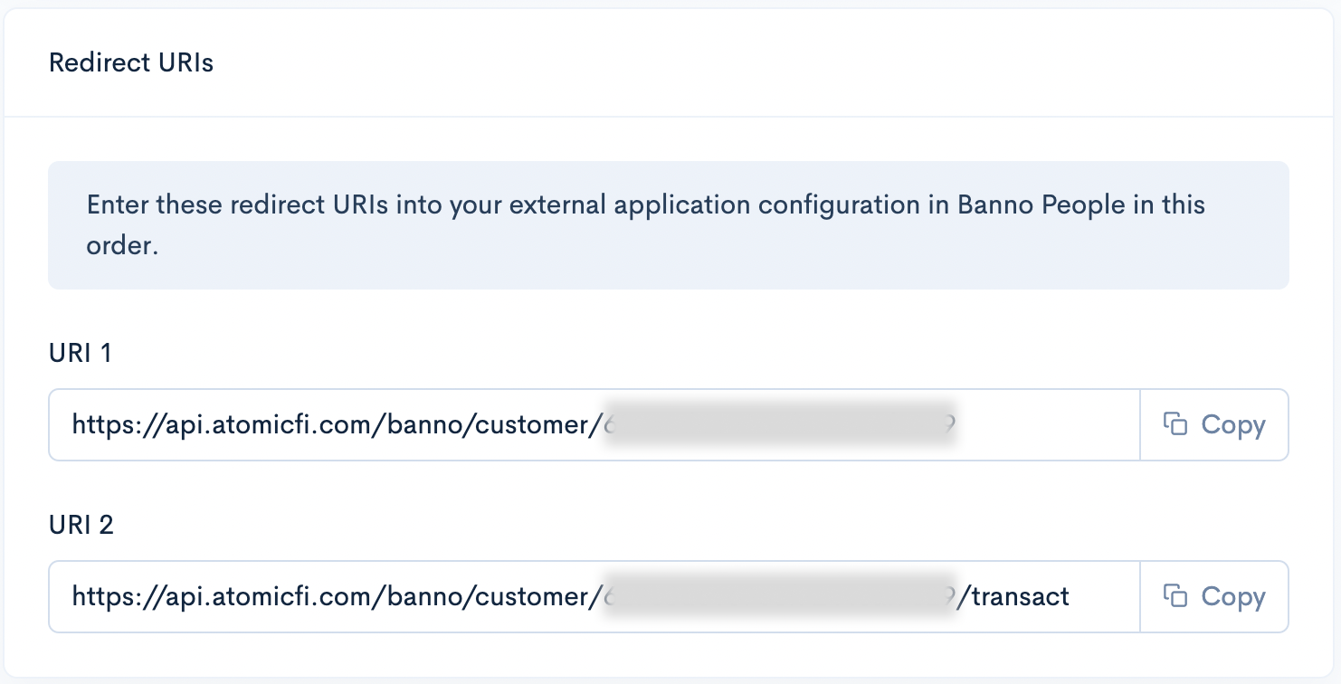 Screenshot of the Atomic Console showing the redirects URIs section of the Banno page.